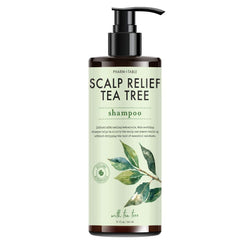 PHARM TO TABLE Scalp Relief Tea Tree Shampoo label close-up highlights tea tree benefits for a calm scalp.