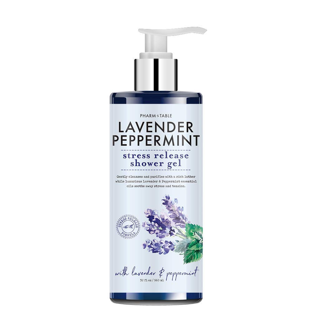 PHARM TO TABLE Stress Release lavender peppermint shower gel bottle ready for daily calming routine