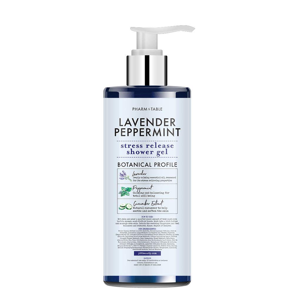 PHARM TO TABLE Stress Release shower gel pour showing steady lather and inviting aroma