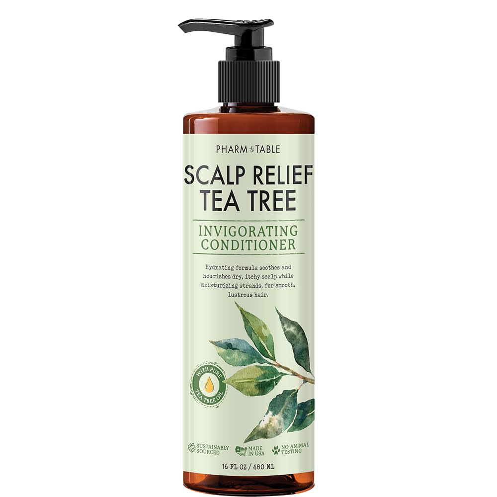 PHARM TO TABLE Tea Tree Conditioner bottle shows cooling scalp relief and detangling potential.