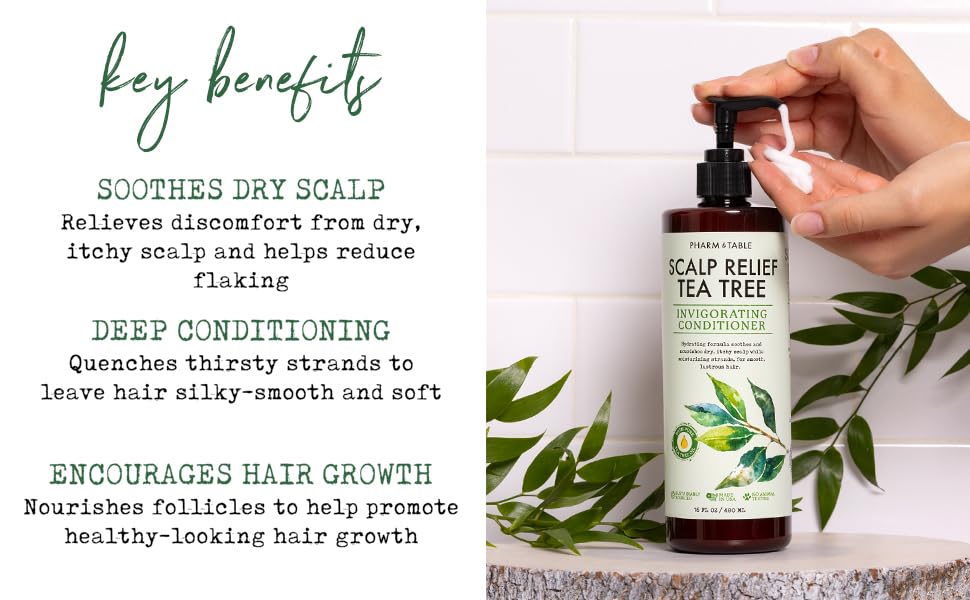 PHARM TO TABLE Tea Tree Conditioner close-up showcases scalp-relief benefits.