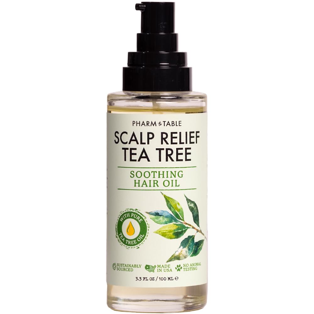 PHARM TO TABLE Tea Tree Hair Oil bottle for scalp care and shine