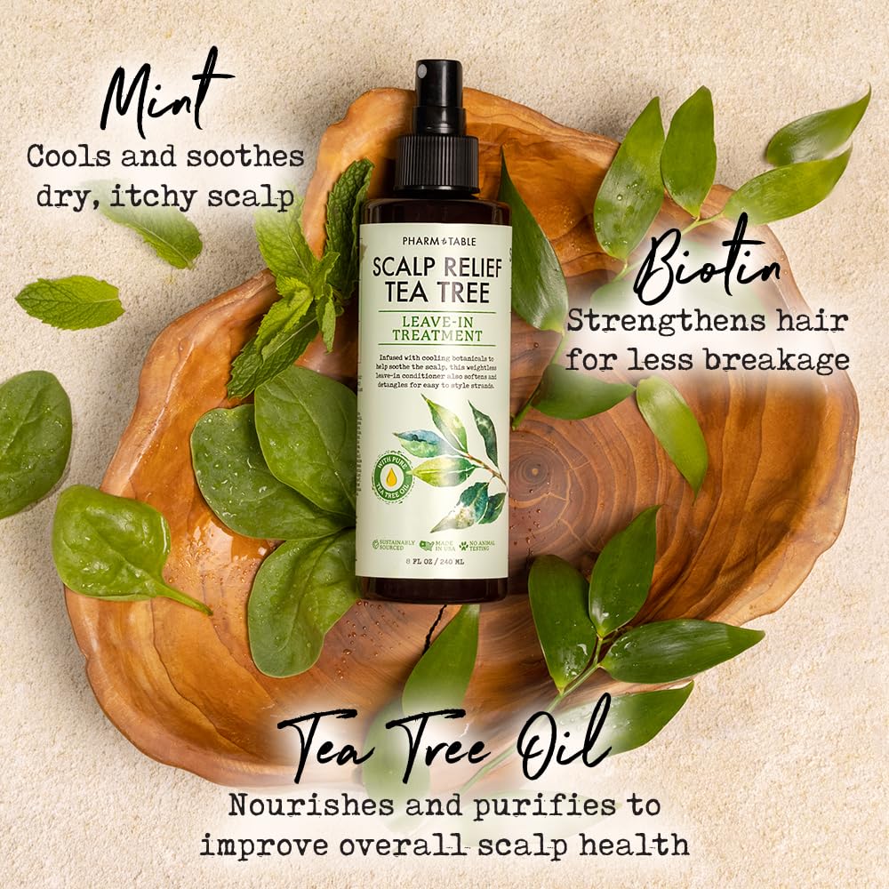 PHARM TO TABLE Tea Tree Scalp Care Ritual image emphasizes calming anti-itch benefits.