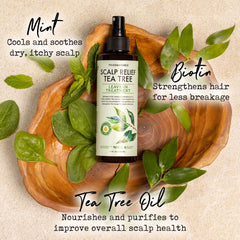 PHARM TO TABLE Tea Tree Scalp Care Ritual image emphasizes calming anti-itch benefits.