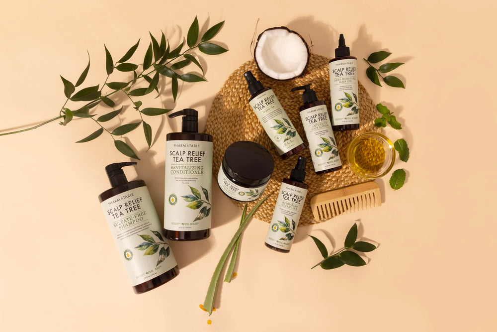 PHARM TO TABLE tea tree scalp treatment mist soothing itchy, flaky scalp.