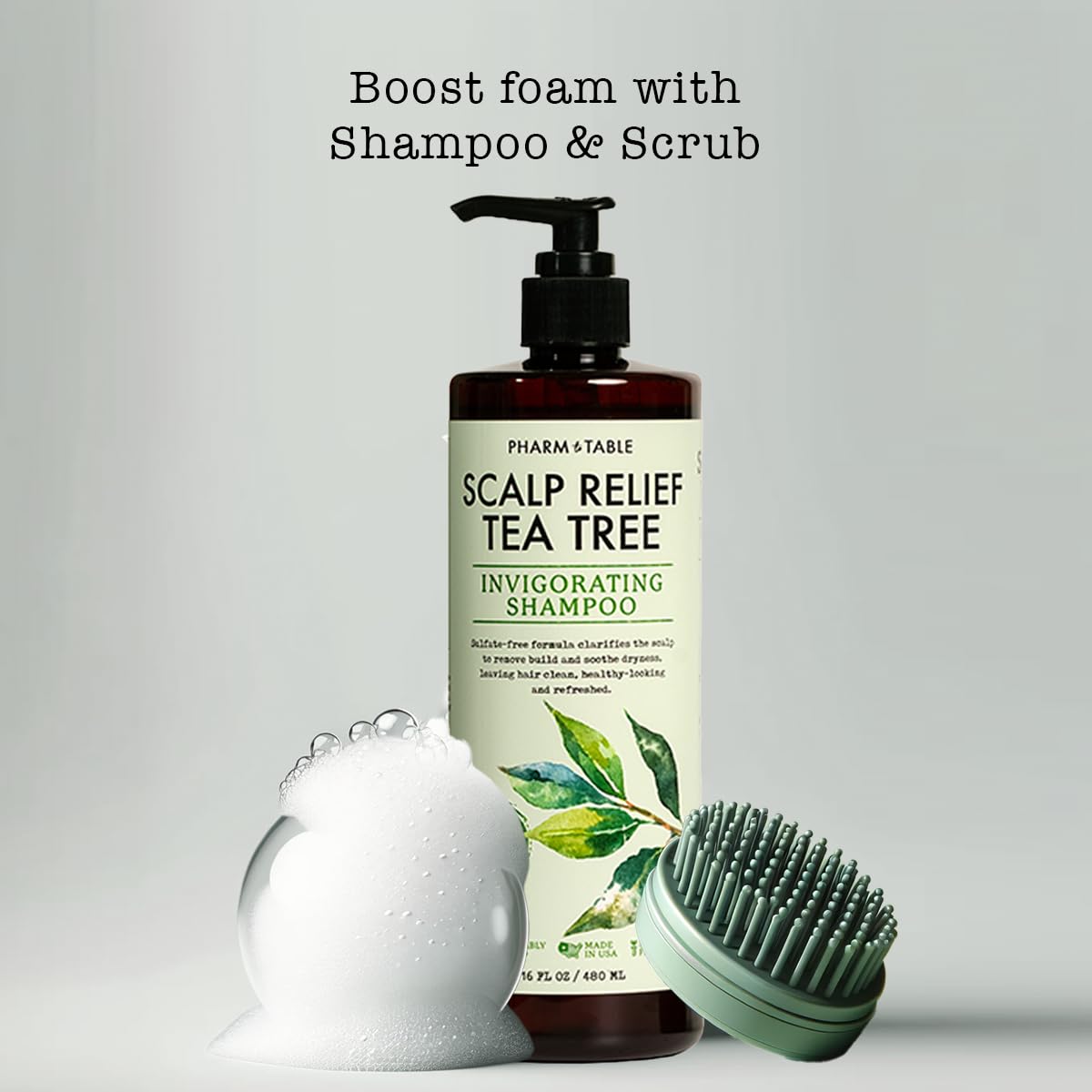 PHARM TO TABLE Tea Tree Oil closeup highlights key natural ingredient for scalp care.