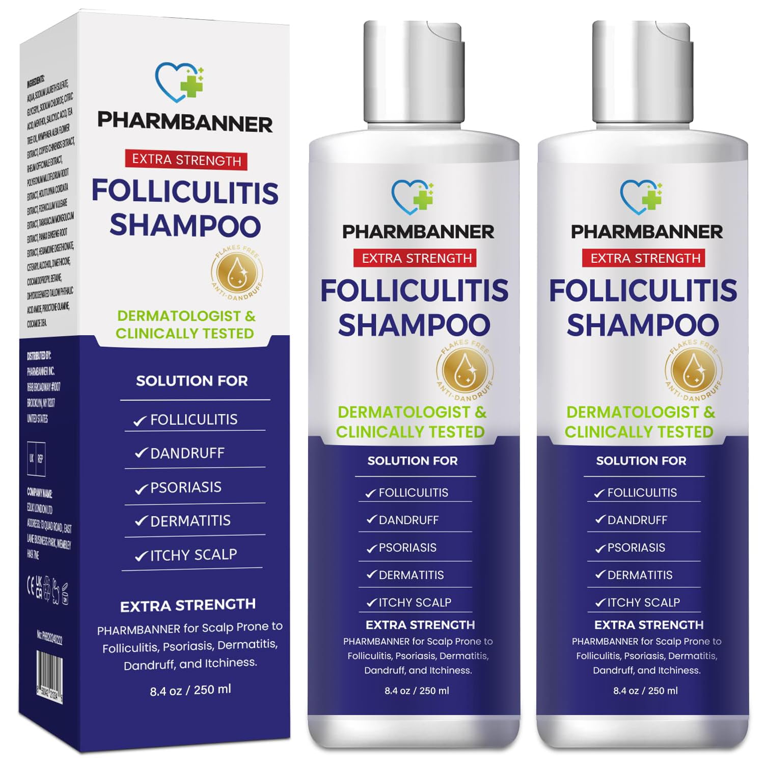 PHARMBANNER anti-fungal shampoo bottle front for dry, itchy scalp relief.