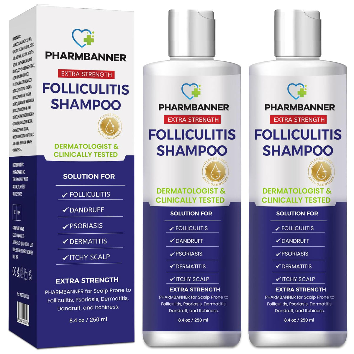 PHARMBANNER anti-fungal shampoo bottle front for dry, itchy scalp relief.