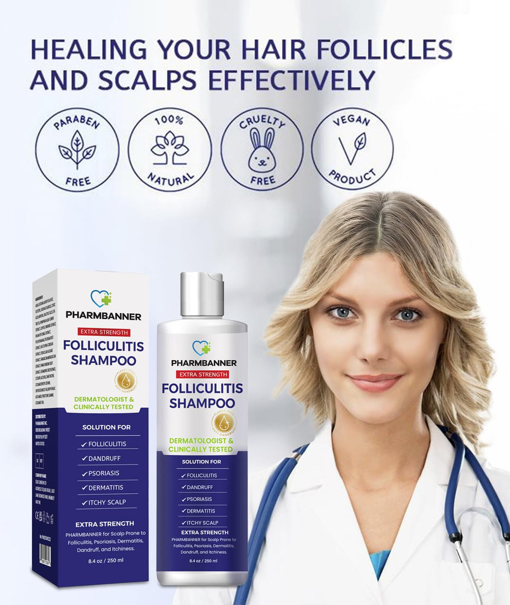 PHARMBANNER flakes close-up illustrates dandruff reduction during routine.