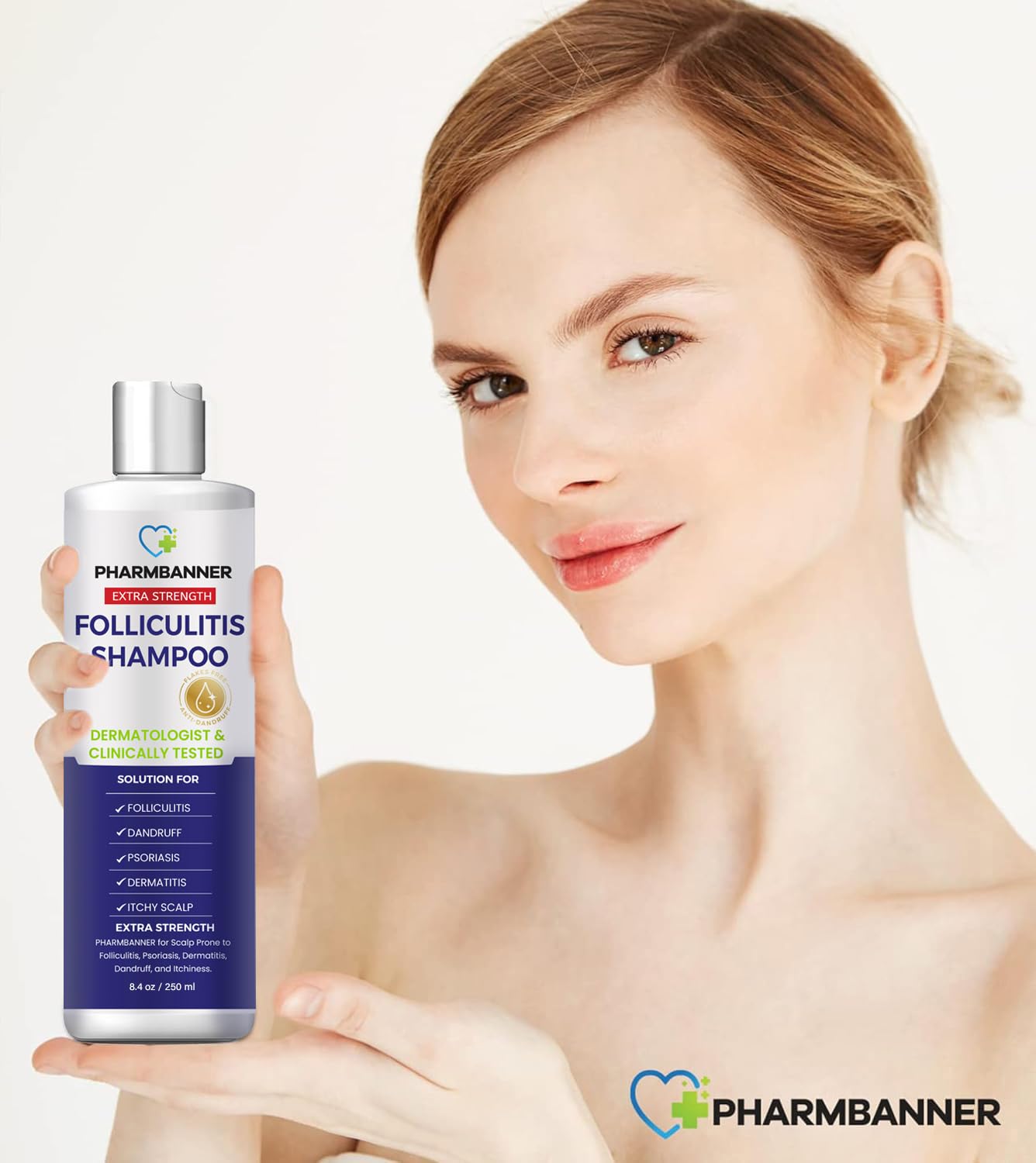 PHARMBANNER label details emphasize gentle, frequent-use formula for sensitive scalps.