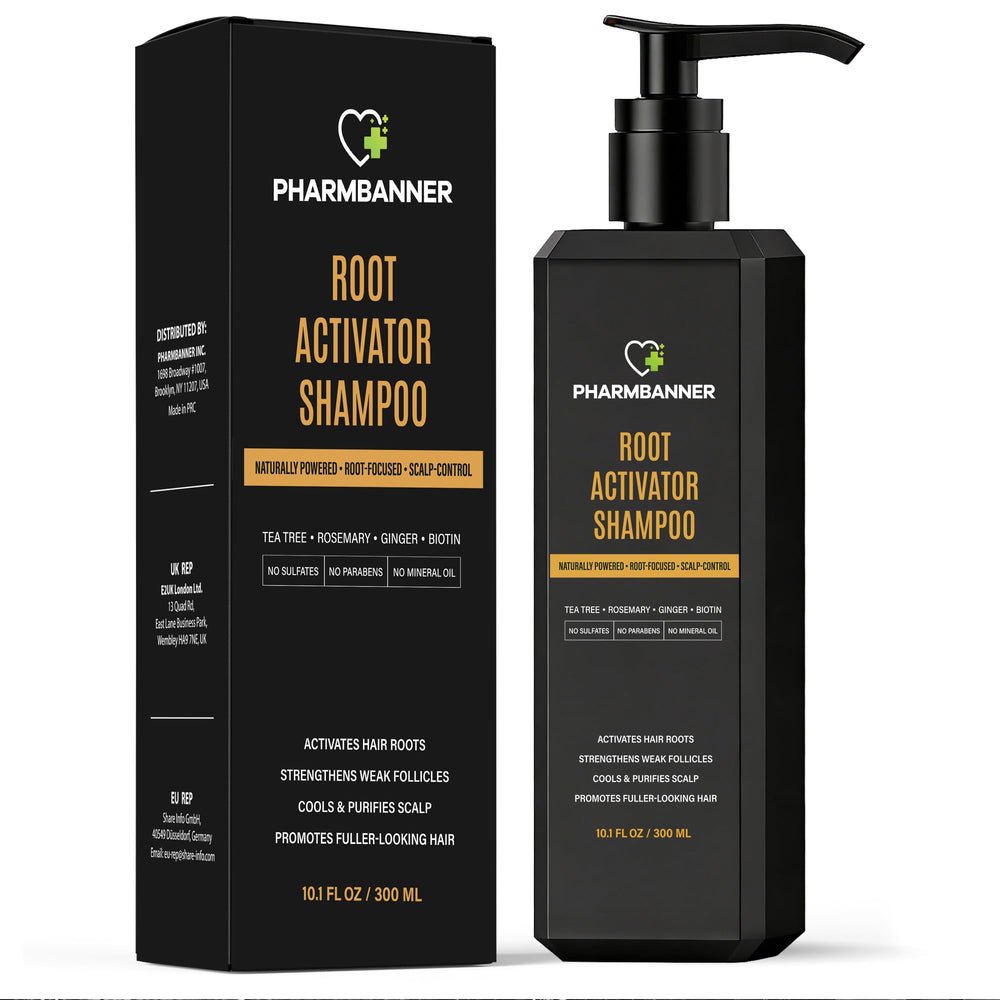 PHARMBANNER Root Activator Shampoo bottle shows a sulfate-free daily cleansing formula.