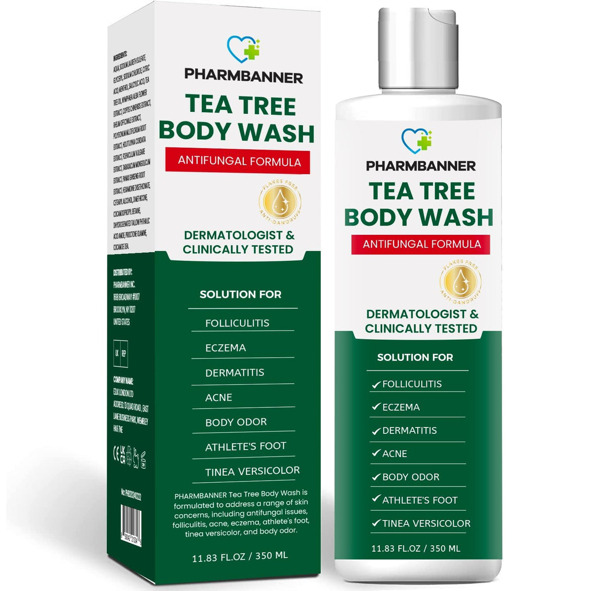 PHARMBANNER Tea Tree Body Wash bottle for daily cleansing with soothing antifungal formula.