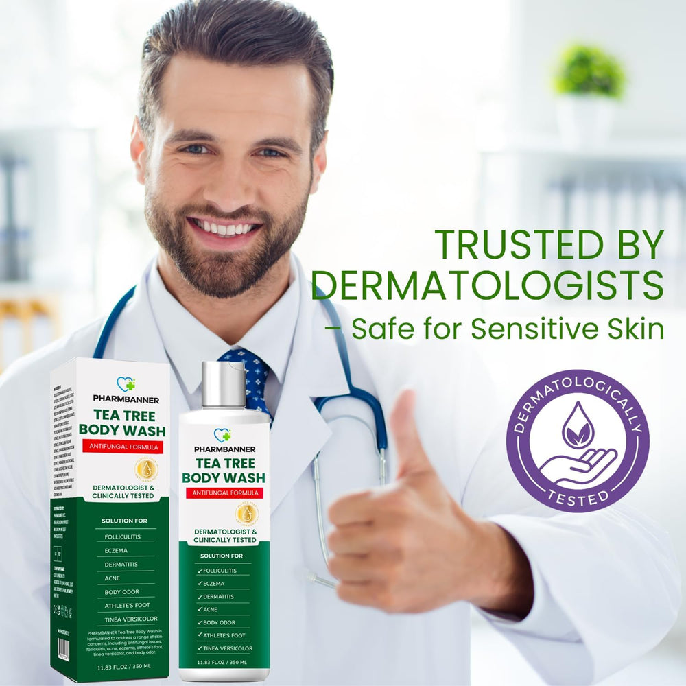 PHARMBANNER Tea Tree Body Wash hands applying gentle daily use for all skin types.