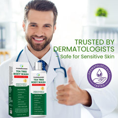 PHARMBANNER Tea Tree Body Wash hands applying gentle daily use for all skin types.