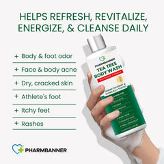 PHARMBANNER Tea Tree Body Wash label closeup shows natural ingredients for sensitive skin.