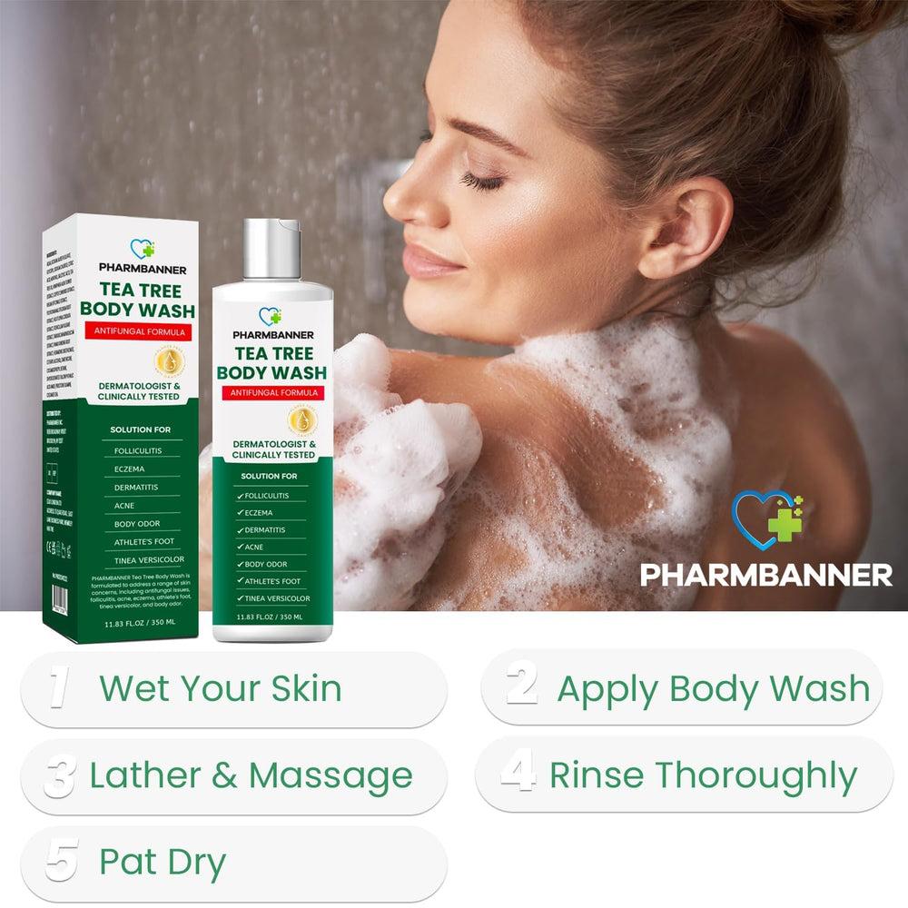 PHARMBANNER Tea Tree Body Wash packaging box highlighting eco-friendly design.
