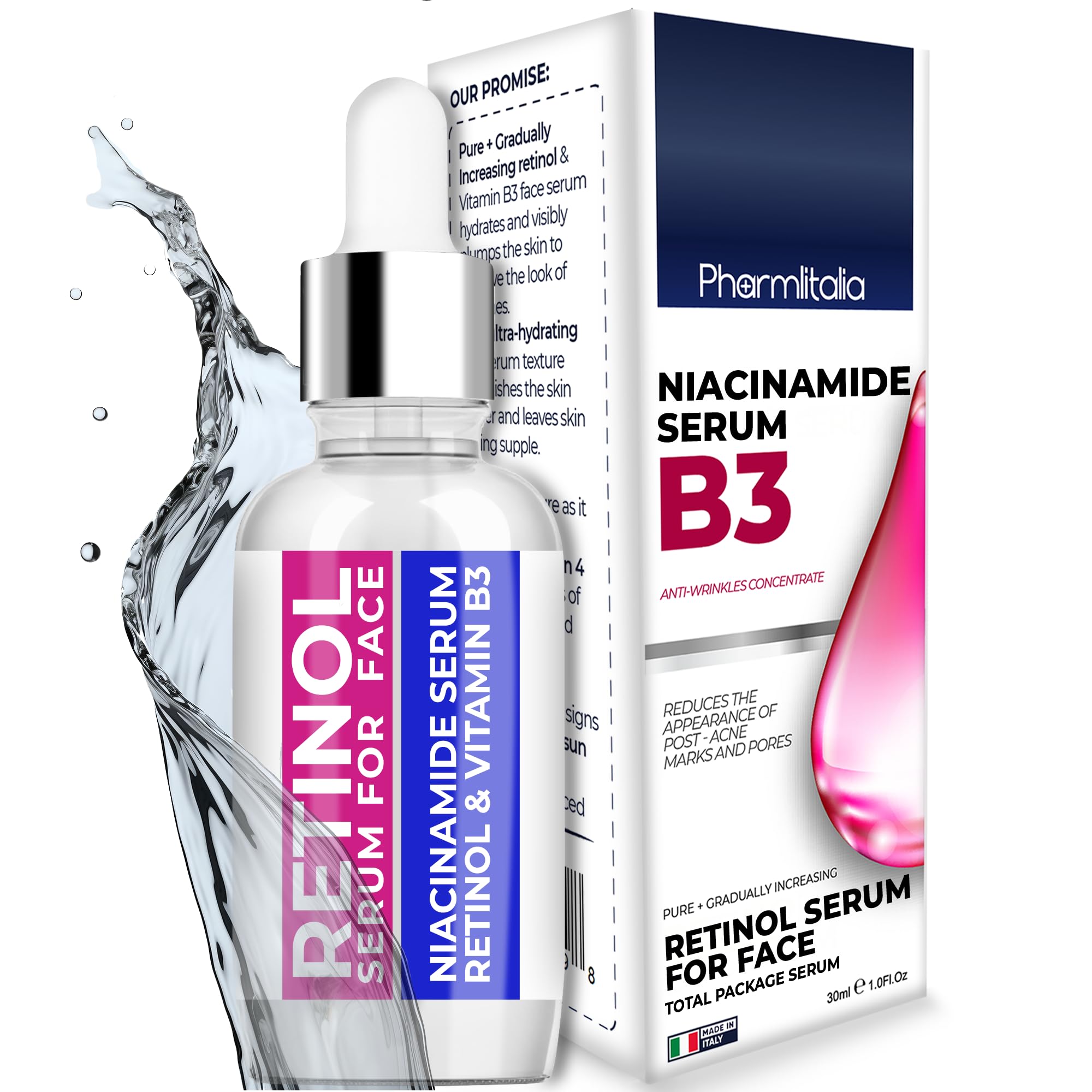 Pharmlitalia resurfacing retinol serum bottle highlighting hydration and glow