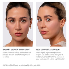 Phase Zero blush on cheek achieving weightless, blendable color.