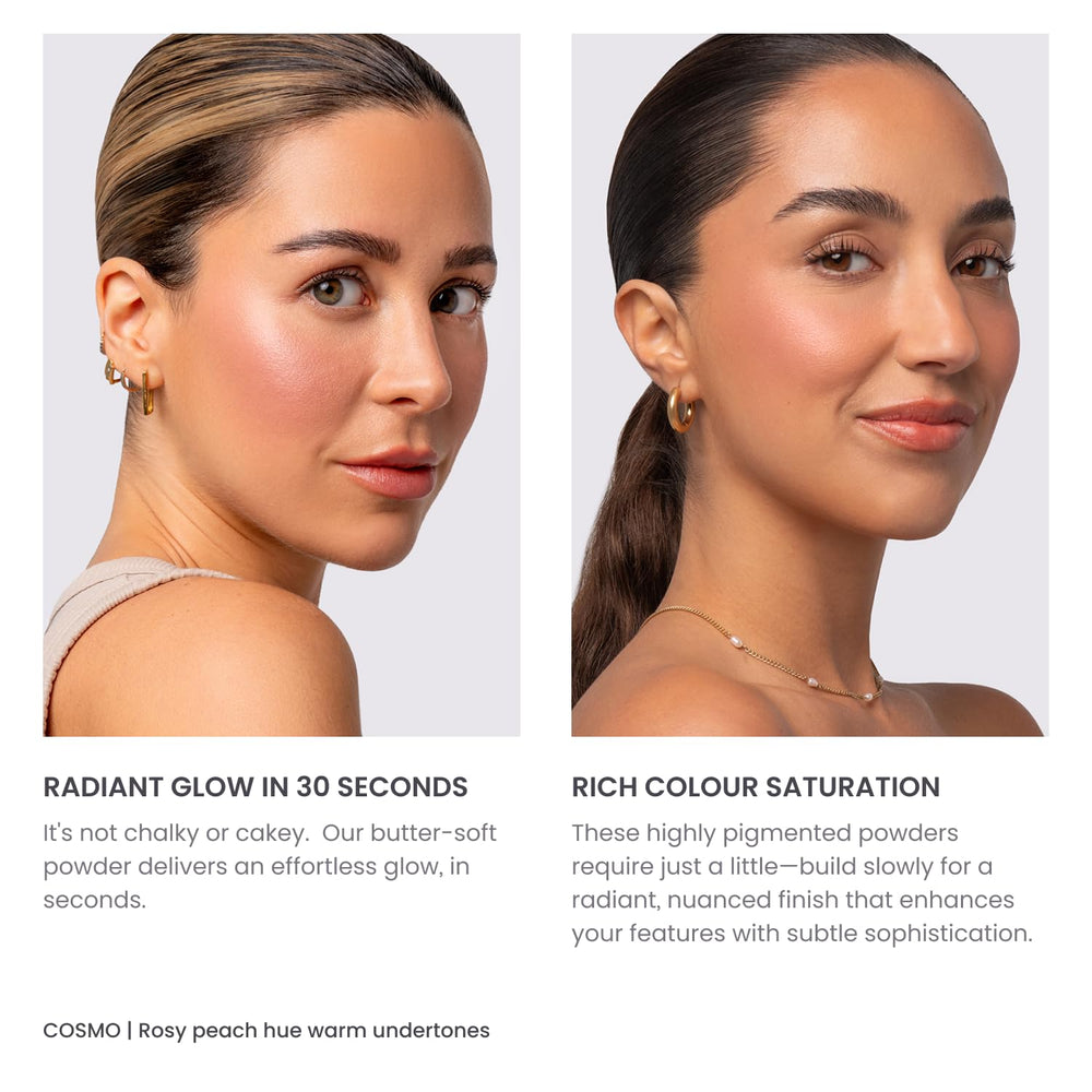 Phase Zero Cosmo peach blush glow for a sun-kissed look.