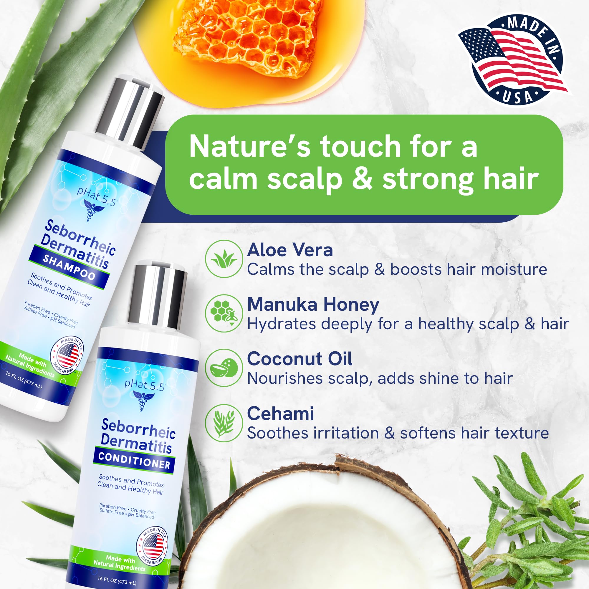 pHat 5.5 organic botanicals with Manuka Honey highlight soothing scalp care.
