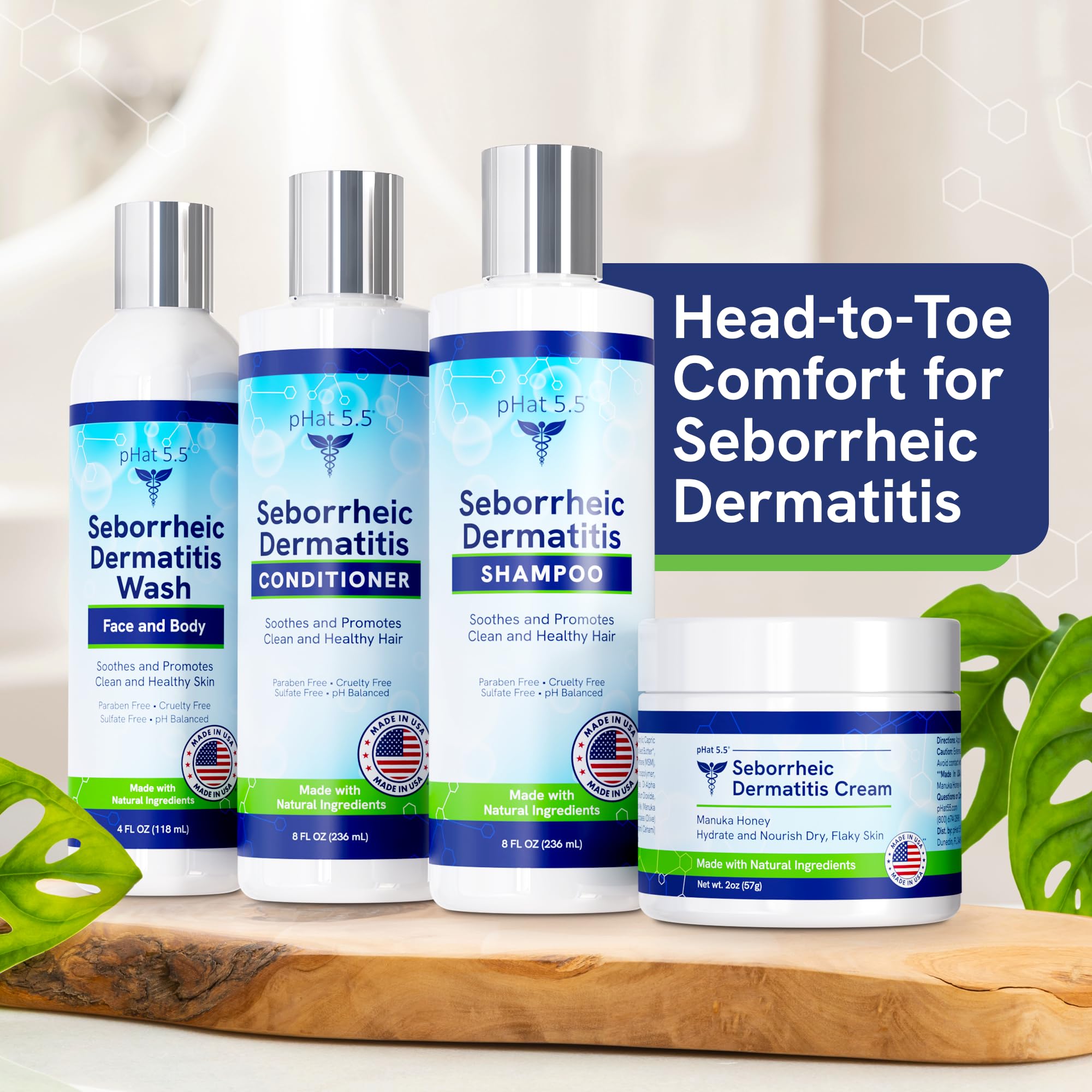 pHat 5.5 dermatitis-relief set illustrates daily care for seborrheic-prone scalps.