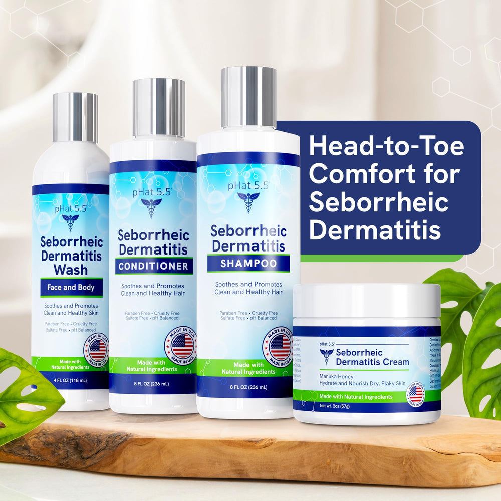 pHat 5.5 dermatitis-relief set illustrates daily care for seborrheic-prone scalps.