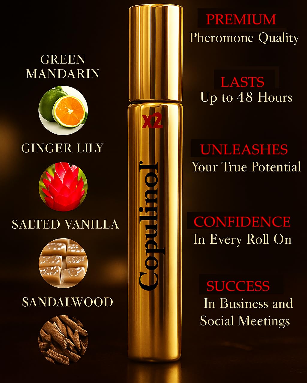 Pherolec Global COPULINOL X2 roll-on application on skin demonstrates easy, discreet use.