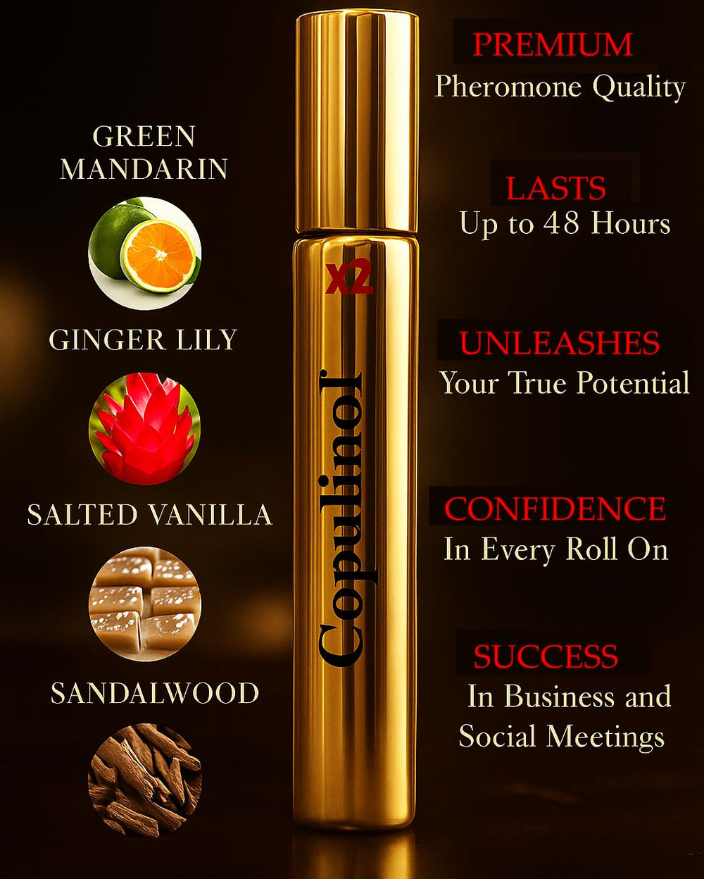 Pherolec Global COPULINOL X2 roll-on application on skin demonstrates easy, discreet use.