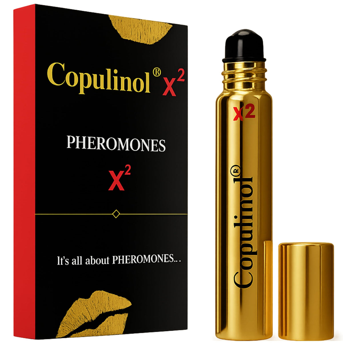 Pherolec Global COPULINOL X2 roll-on bottle showcases long-lasting pheromone fragrance for women.
