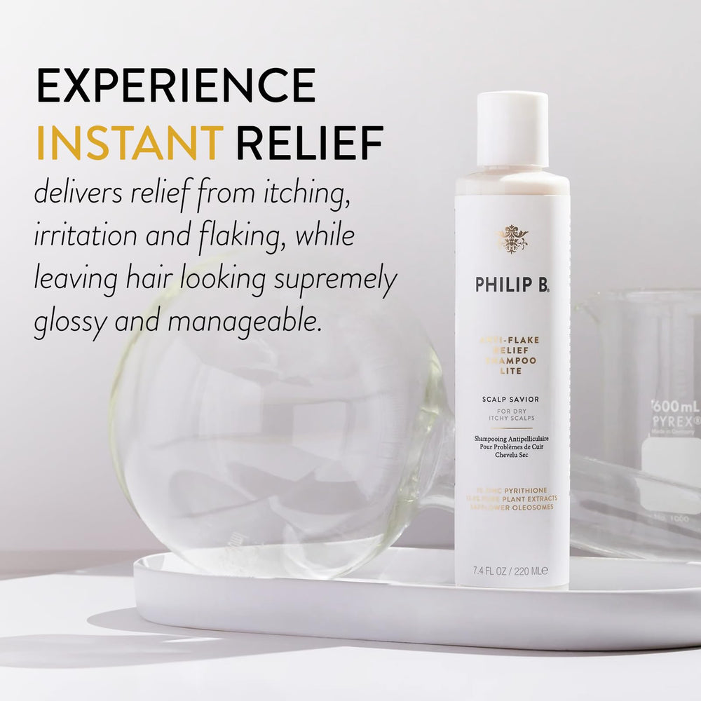 PHILIP B label closeup highlighting botanical blend for calm scalp