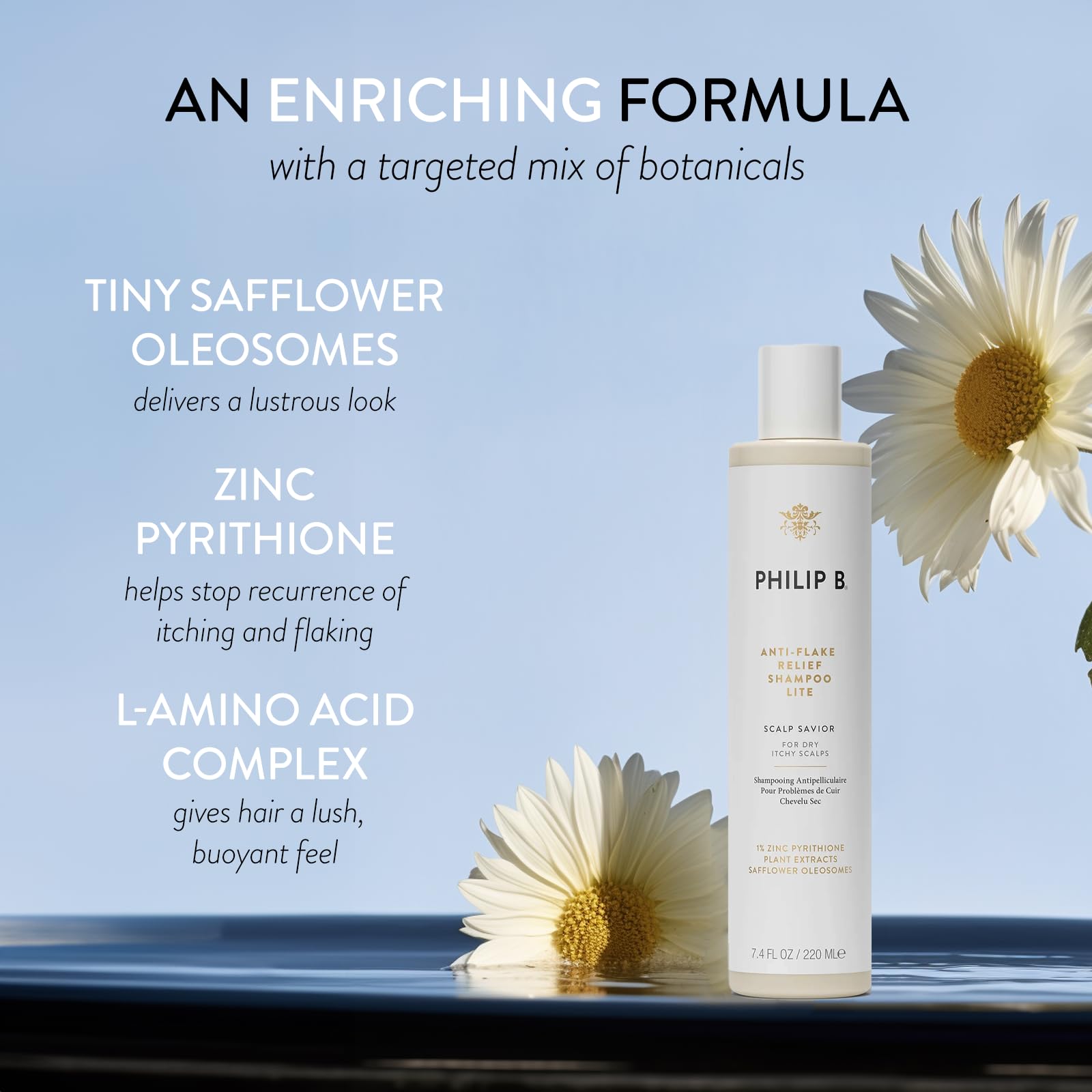 PHILIP B Anti-Flake Relief Shampoo Lite lather forming soft, hydrated hair after cleansing
