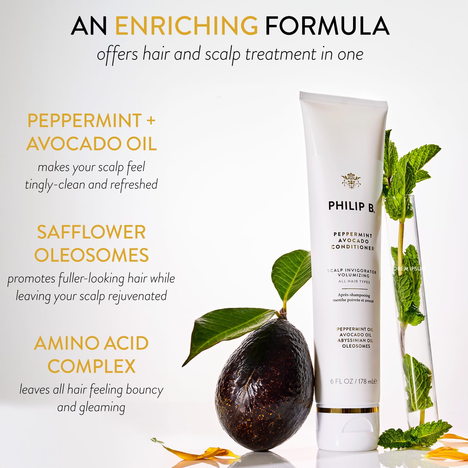 PHILIP B Avocado Oil ingredient profile closeup with nourishing botanicals