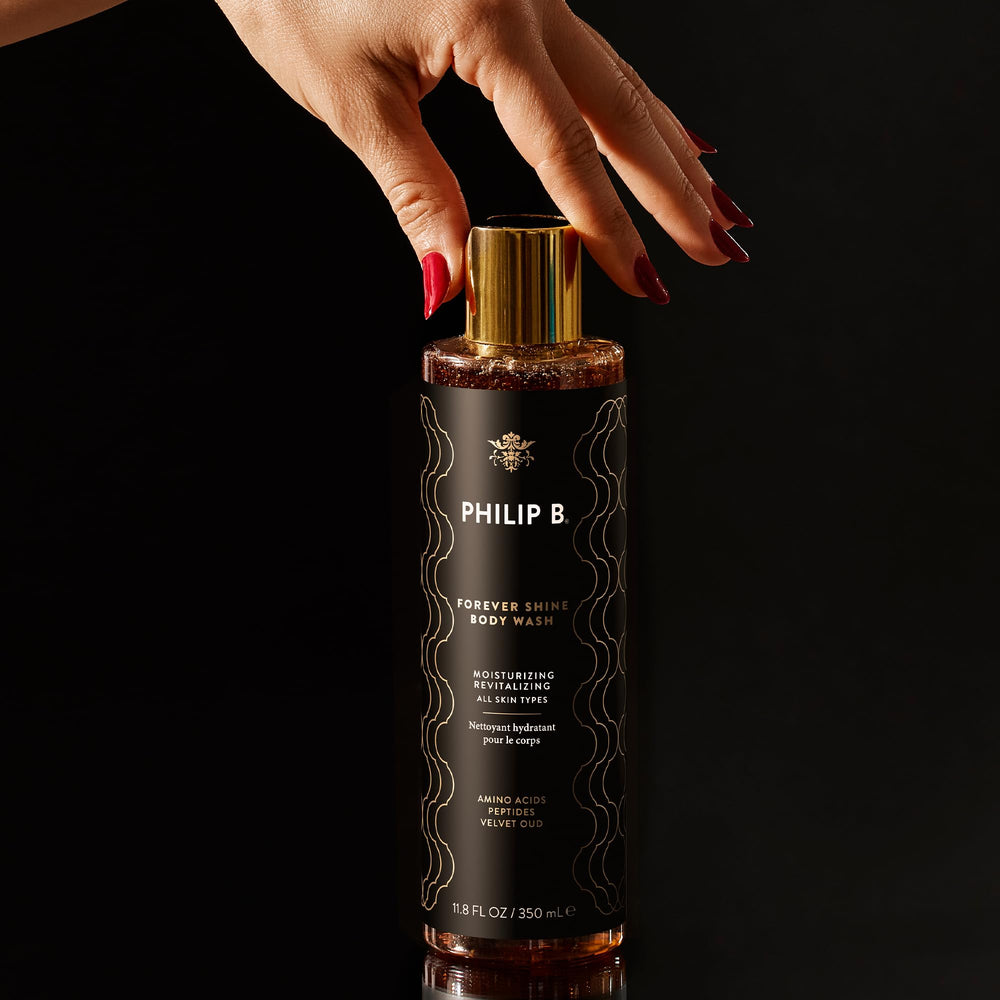 PHILIP B Forever Shine rinse showing moisture-locking Safflower Oleosomes.