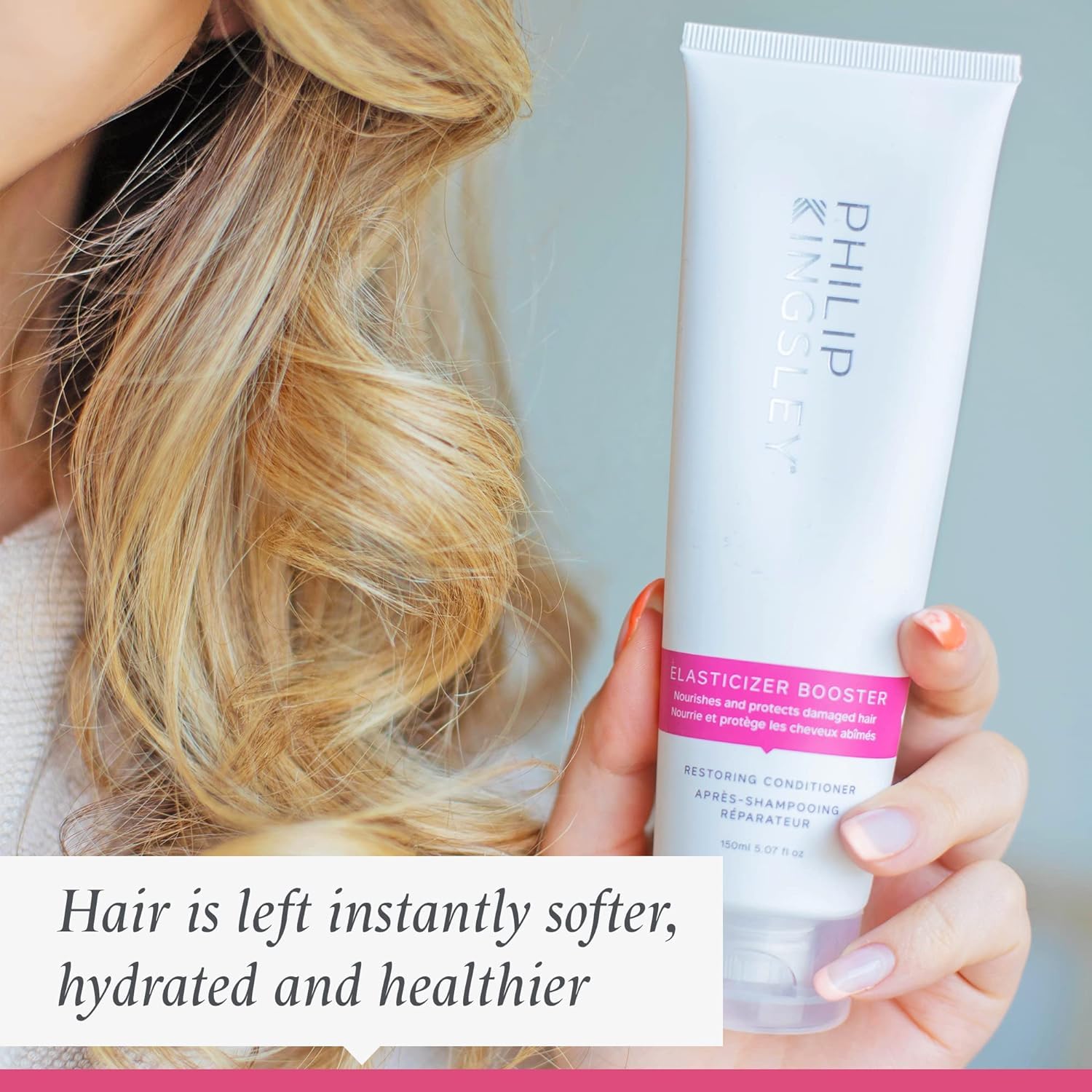 PHILIP KINGSLEY Elasticized Booster hair sample shows mid-lengths and ends care.