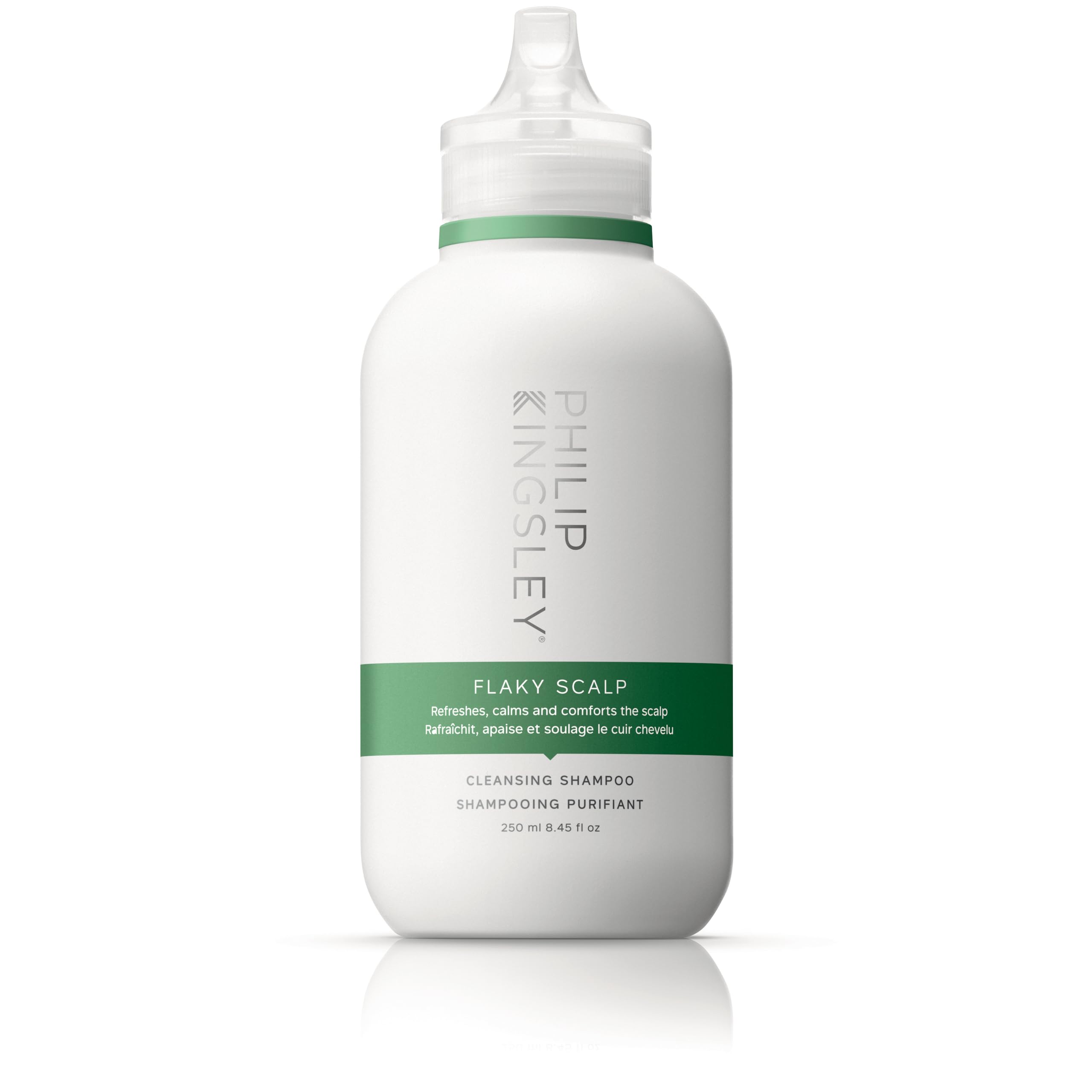 Philip Kingsley Flaky Scalp Shampoo bottle pour showing clean, refreshed scalp