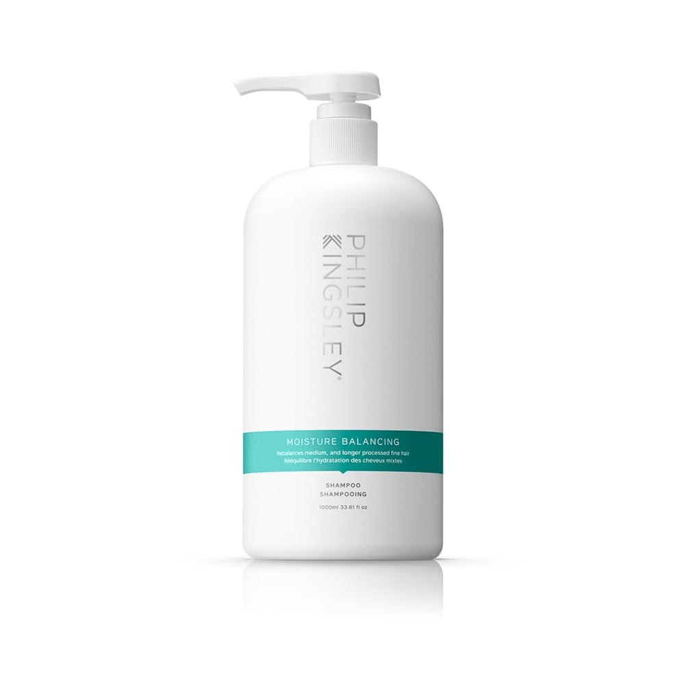 Philip Kingsley Moisture Balancing Shampoo bottle shows hydration for dry or oily hair.