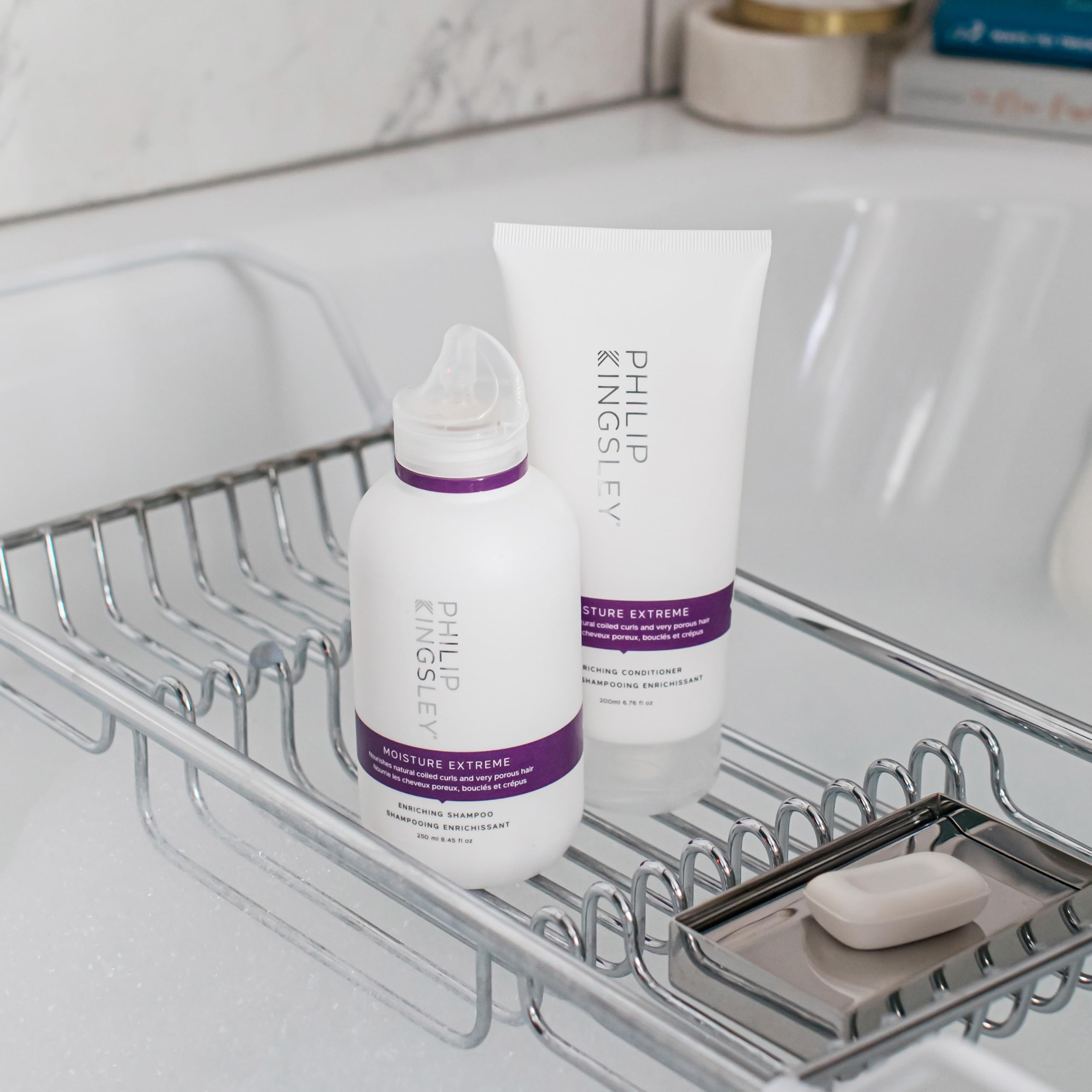 Philip Kingsley Moisture Extreme Enriching Shampoo in a bathroom setting for daily moisture routine