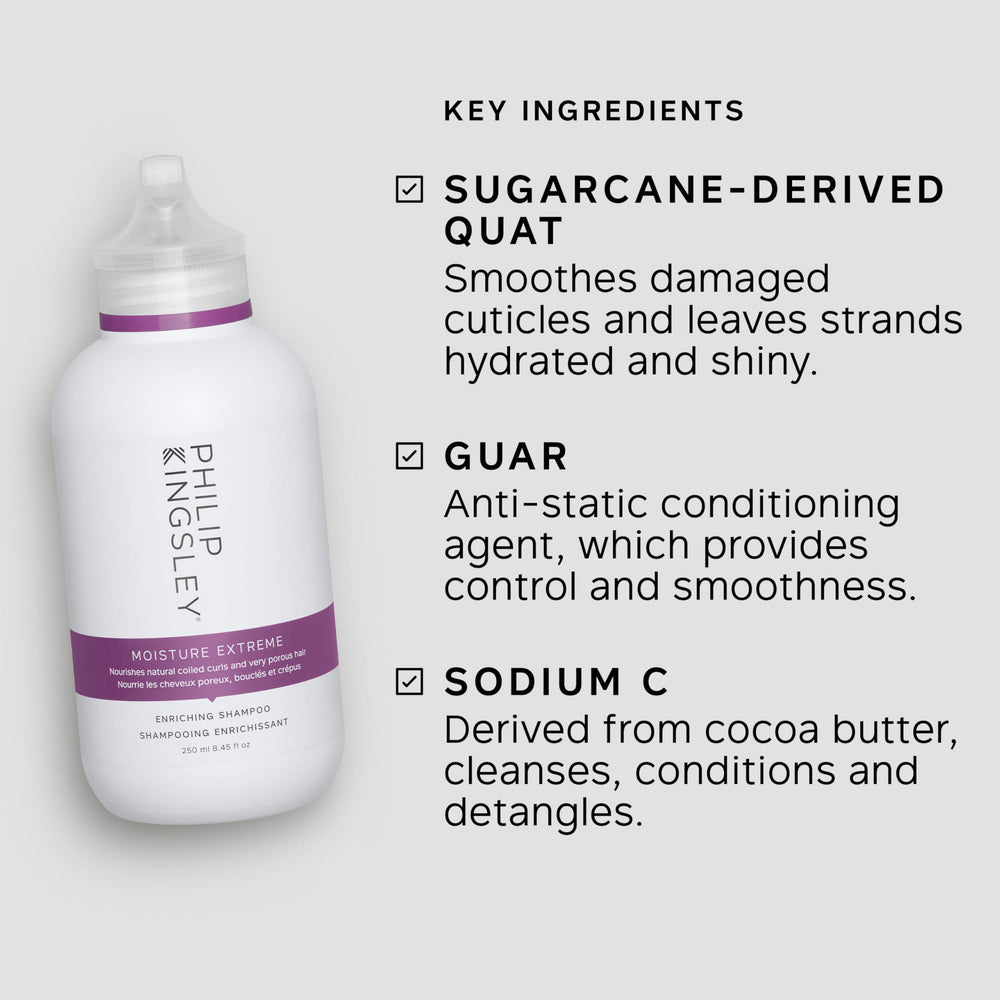 Philip Kingsley Moisture Extreme Enriching Shampoo creates rich foamy lather to cleanse and condition curls