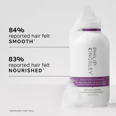 Philip Kingsley Moisture Extreme Enriching Shampoo label close-up emphasizes eco-friendly packaging