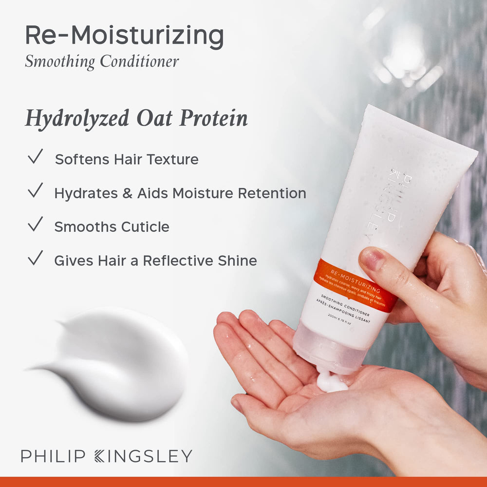 Philip Kingsley Re-Moisturizing Conditioner on damp curls adds glossy shine.
