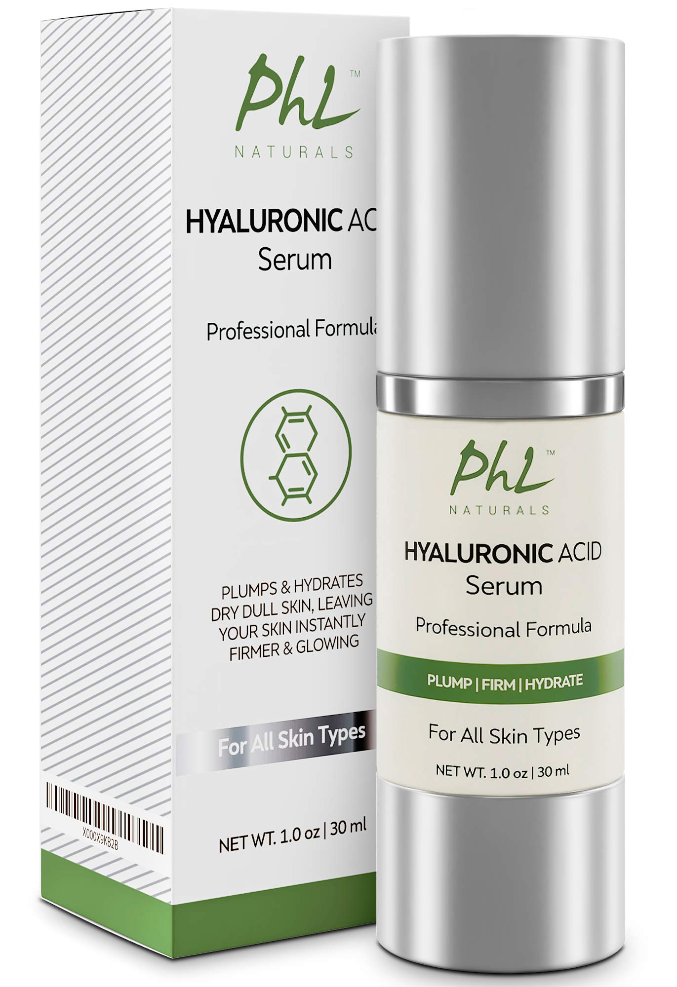 PHL Naturals Hyaluronic Serum bottle for deep hydration and dewy skin.
