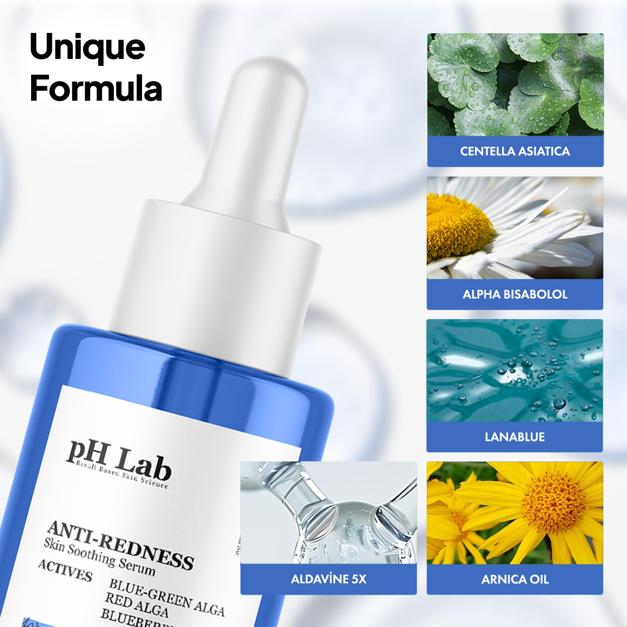PhLab Anti Redness Serum dispensing drop allows precise, gentle application for redness relief.
