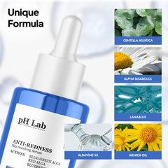 PhLab Anti Redness Serum dispensing drop allows precise, gentle application for redness relief.