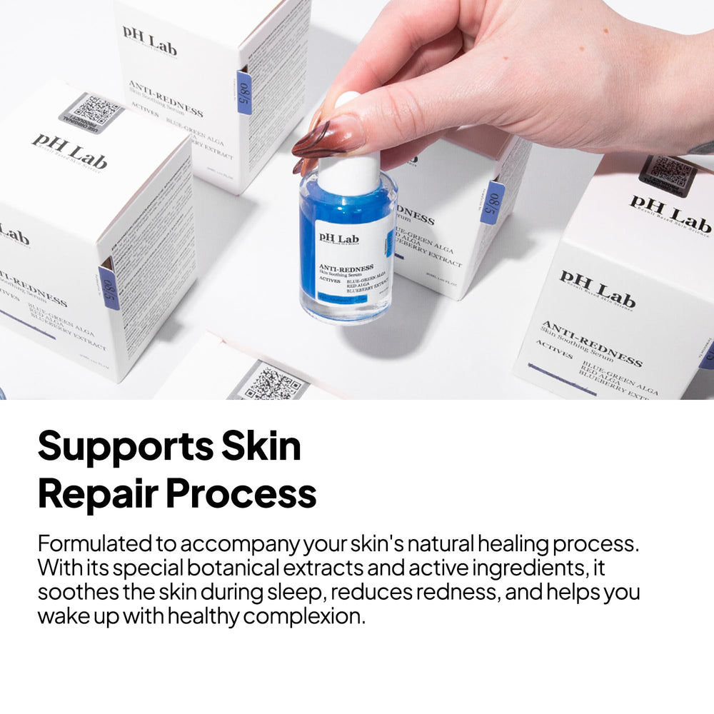 Close-up shows visible redness reduction after applying PhLab serum.