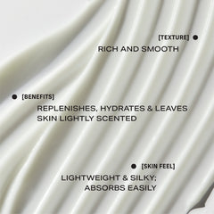 PHLUR Missing Person lotion texture close-up, rich moisture for dry skin.