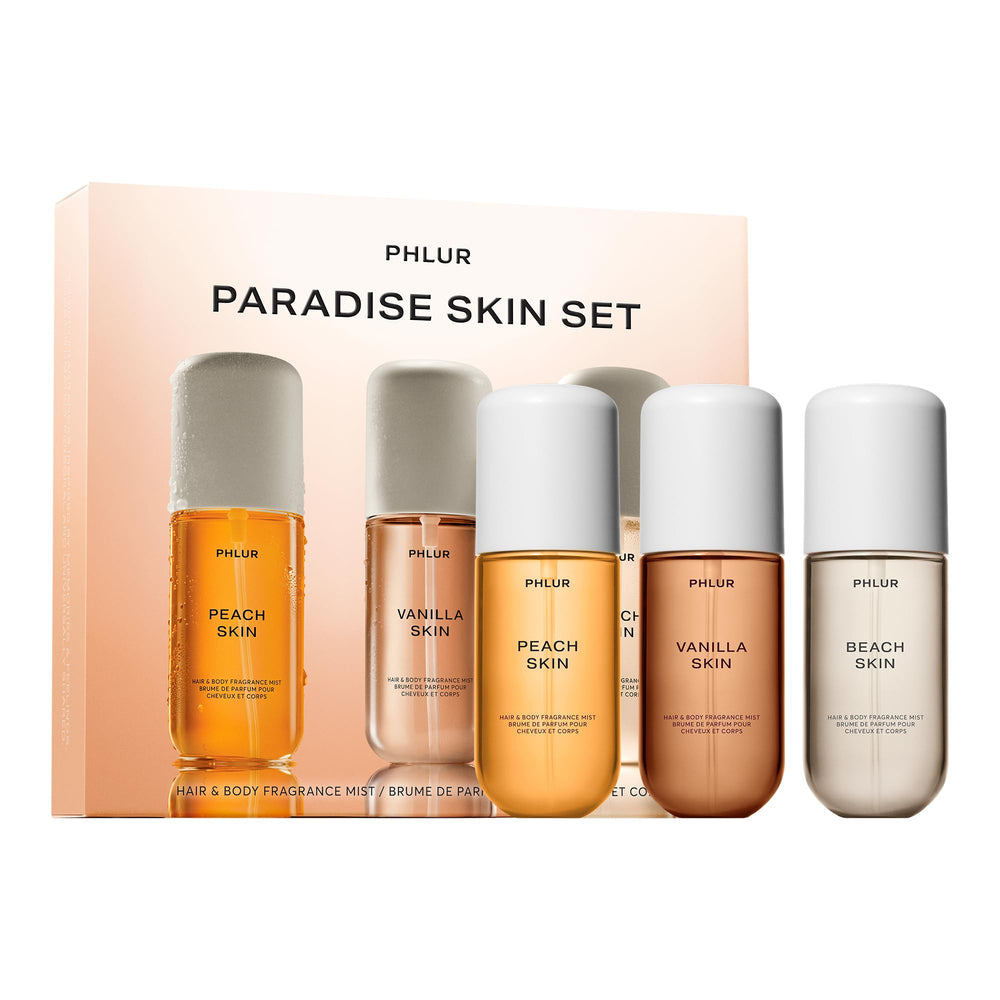 PHLUR Paradise Skin Set packaging showcases a gift-ready, travel-friendly trio.
