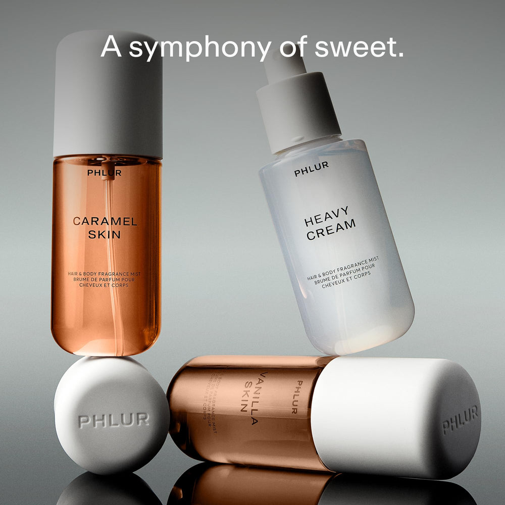 PHLUR Sweet Skin Trio Heavy Cream bottle showcasing warm marshmallow and caramel scent notes