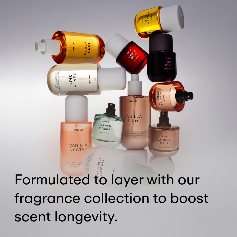 PHLUR Vanilla Skin Oil label highlights scent notes and ingredients.
