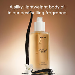 PHLUR Vanilla Skin Oil texture close-up shows creamy, fast-absorbing formula.