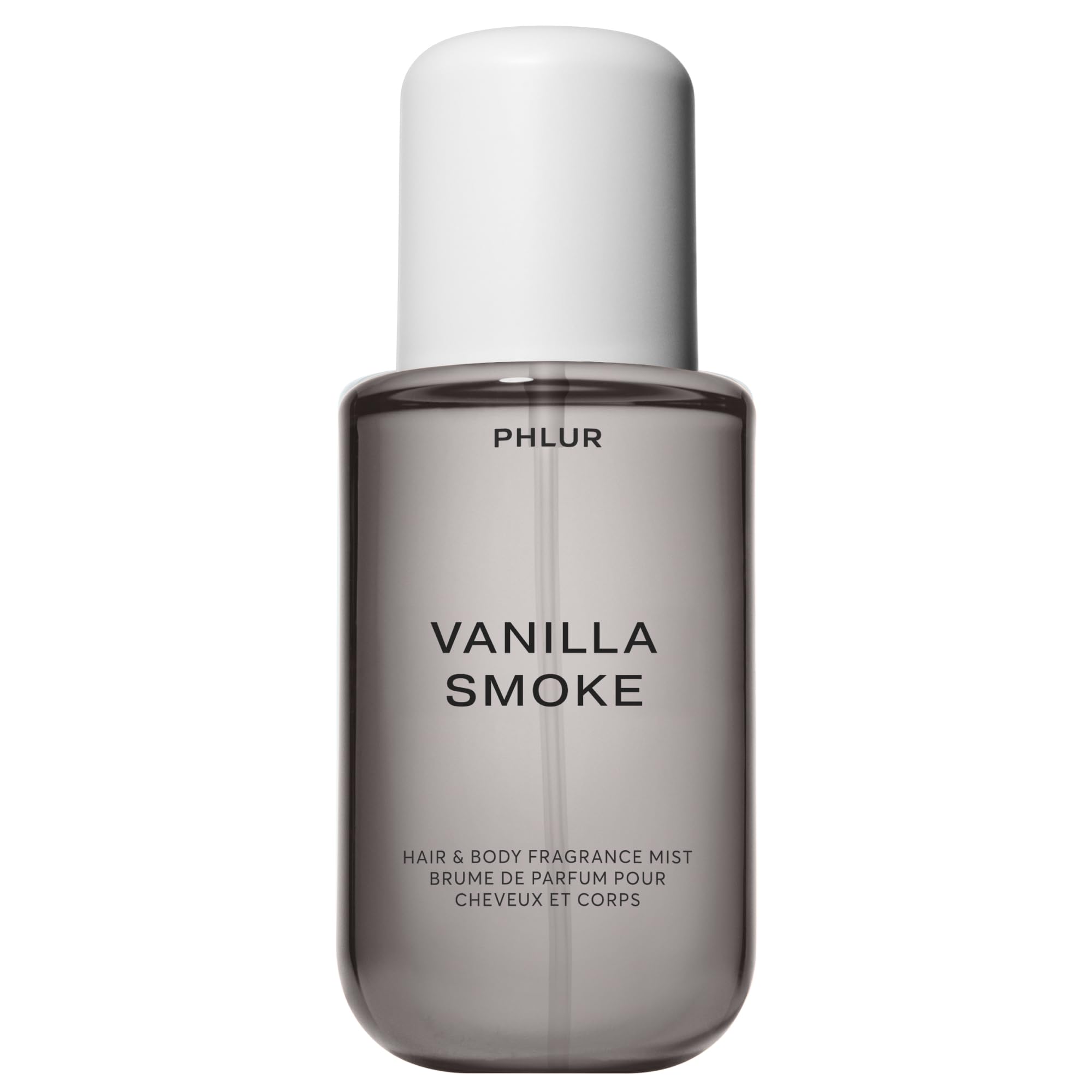 PHLUR Vanilla Smoke Body Mist bottle on display highlighting luxurious fragrance.